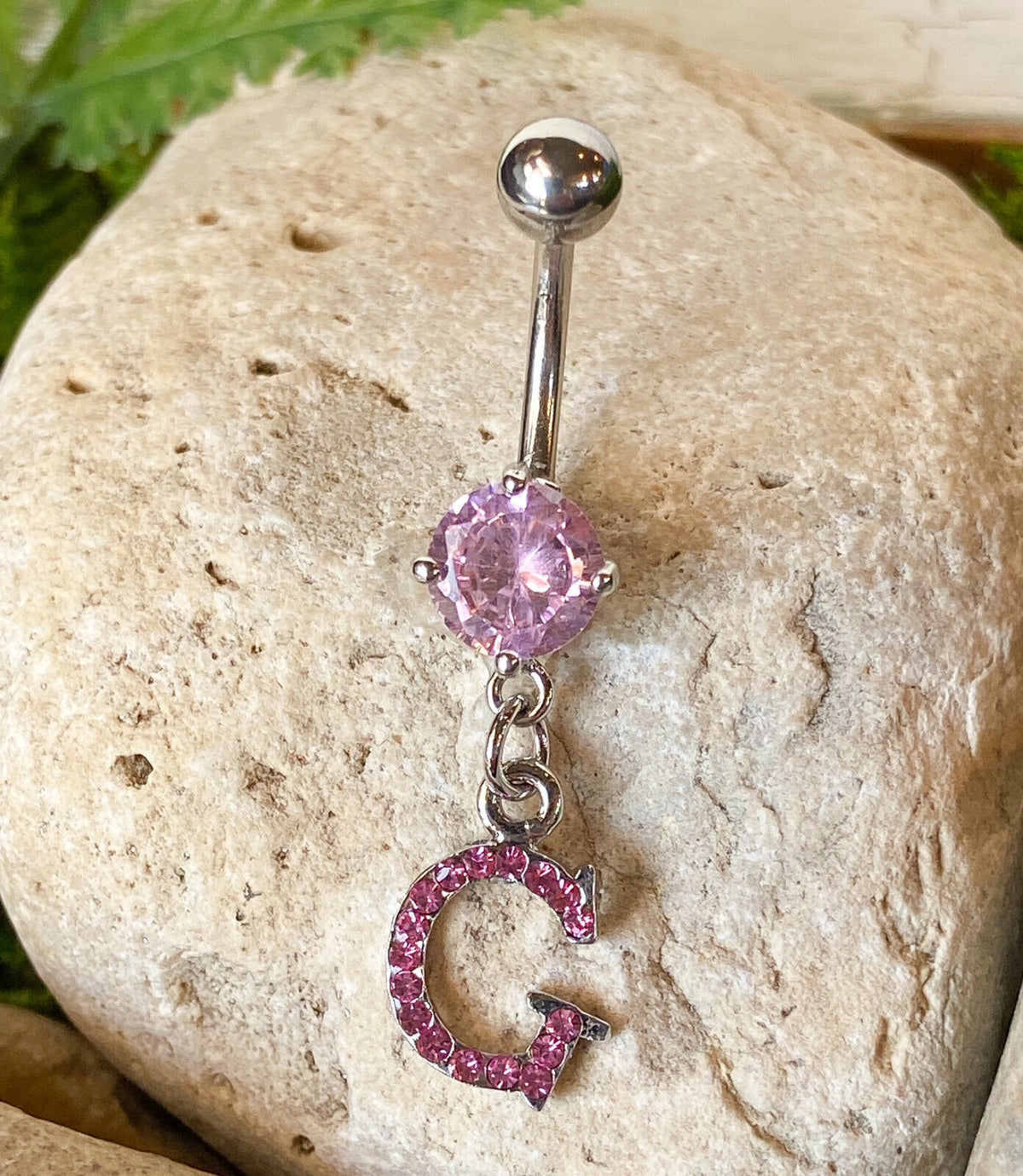 1pc Initial Paved Pink Gem Belly Ring Pierced Navel Letter Naval Piercing (Initial: G)