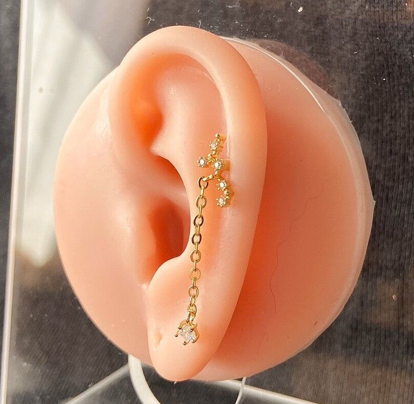 1pc CZ Gem Vine w/ Chain Tragus Helix Cartilage Barbell Ring 16g 1/4"