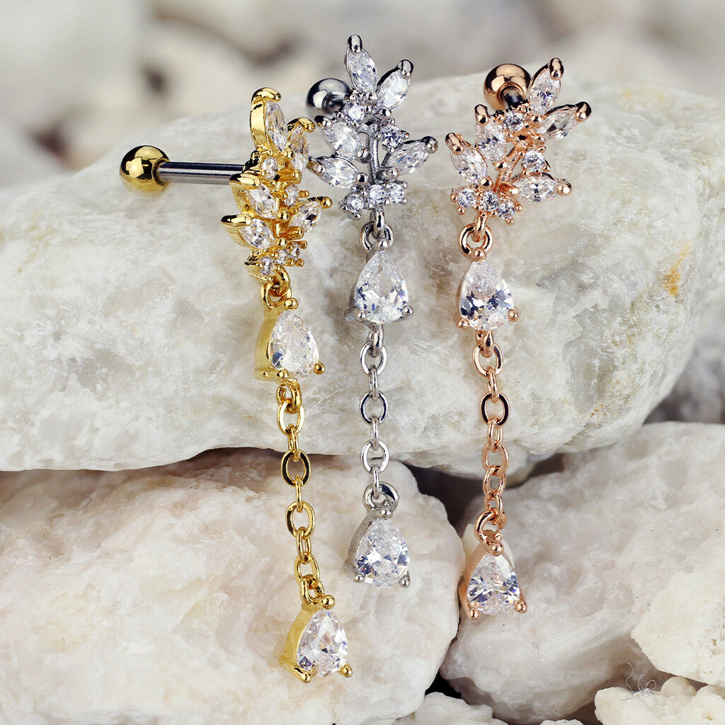 1pc CZ Gem Cluster Leaf w/ Chain Tragus Helix Cartilage Barbell Ring 16g 1/4"