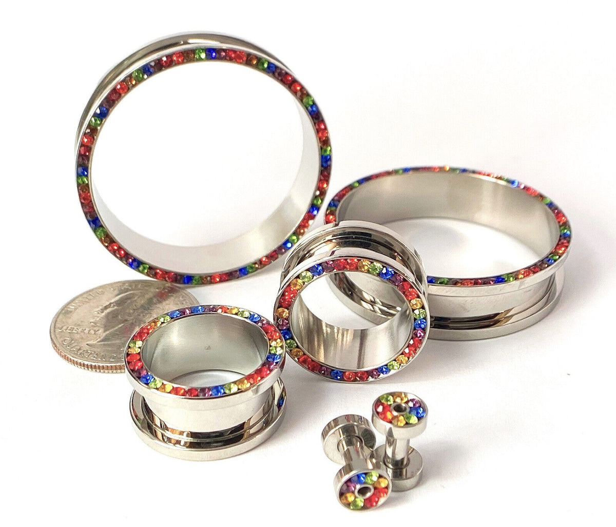 PAIR Rainbow CZ Gem Rimmed 316L Surgical Steel Screw Fit Tunnels Plugs Gauges