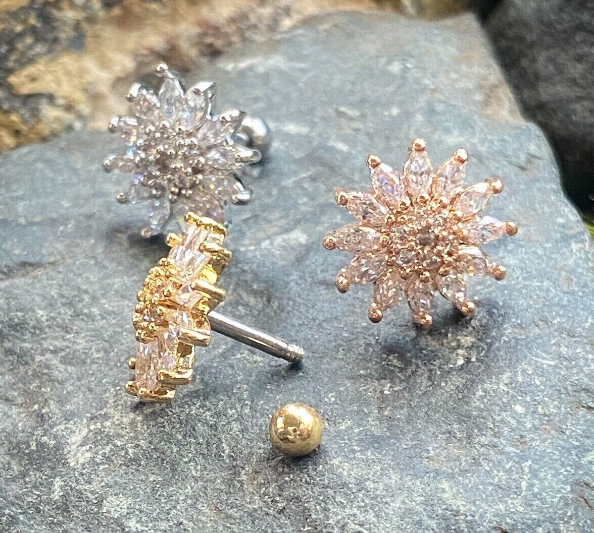 1pc CZ Gem Paved Flower Surgical Steel Tragus Cartilage Barbell Ring 16g 1/4"