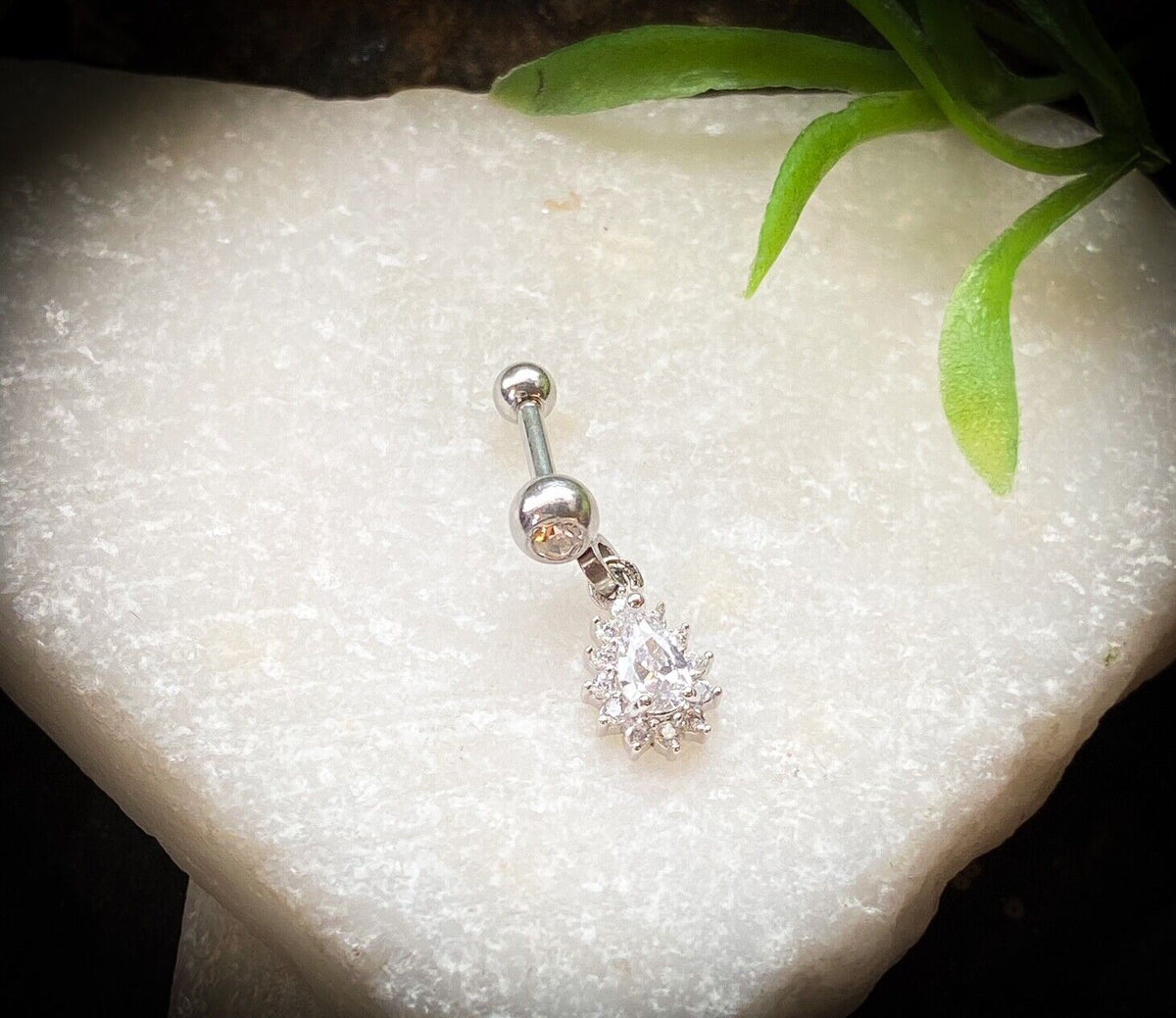 1pc CZ Gem Pear Dangle Surgical Steel Tragus Cartilage Barbell Ring 16g 1/4 (Color: Silver)