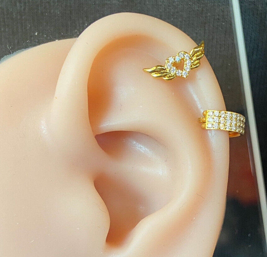 1pc CZ Gem Paved Heart w/ Wings Tragus Helix Cartilage Barbell Ring 16g 1/4"