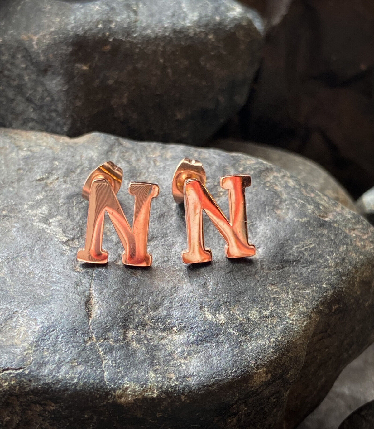PAIR Rose Gold Plated Steel Initial / Alphabet 20g Earrings - A to Z available! (Letter: N)