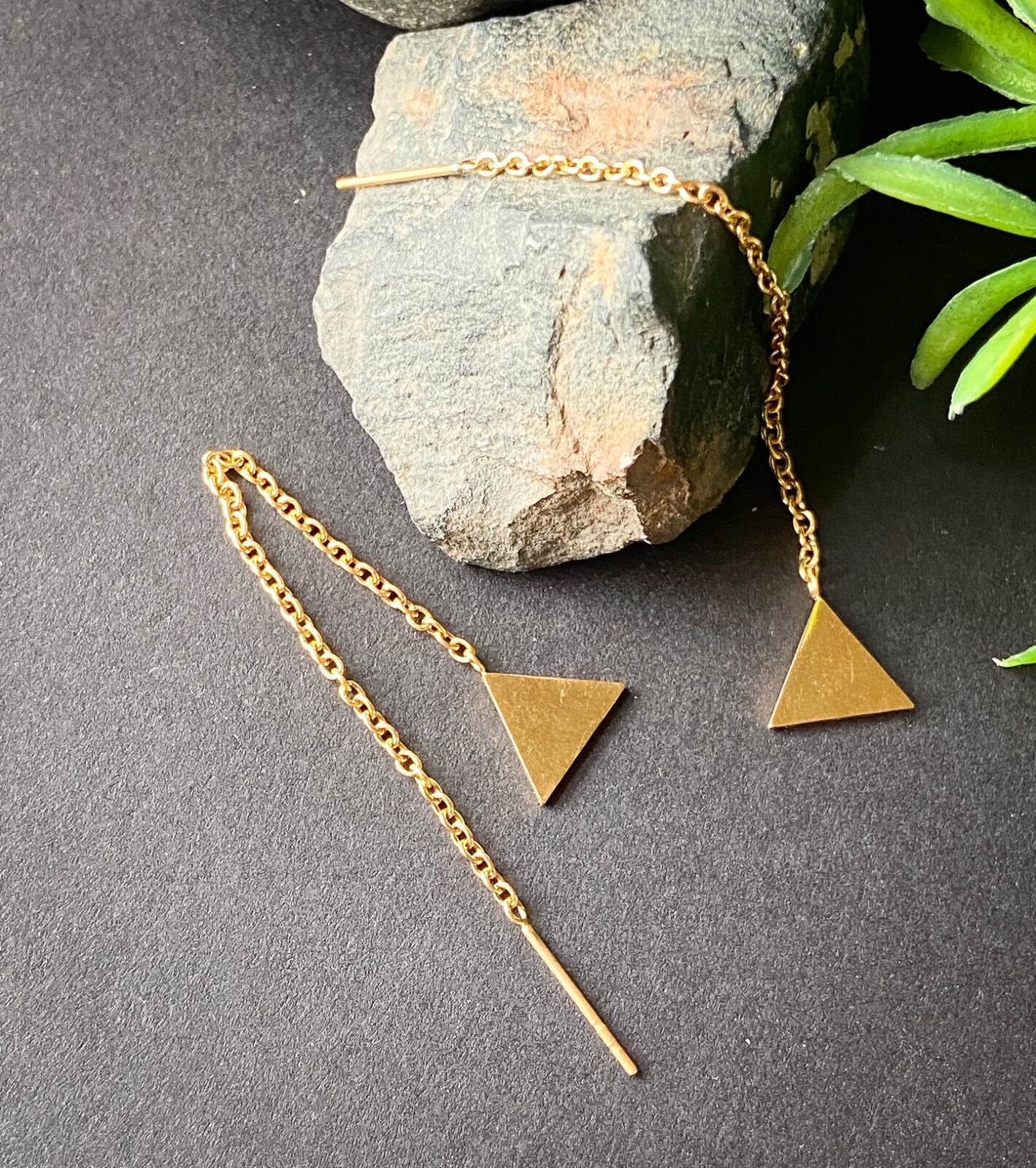 PAIR of Free Falling Chain Earrings w/ Bar & Solid Triangle 20g Stainless Steel (Color: Gold)