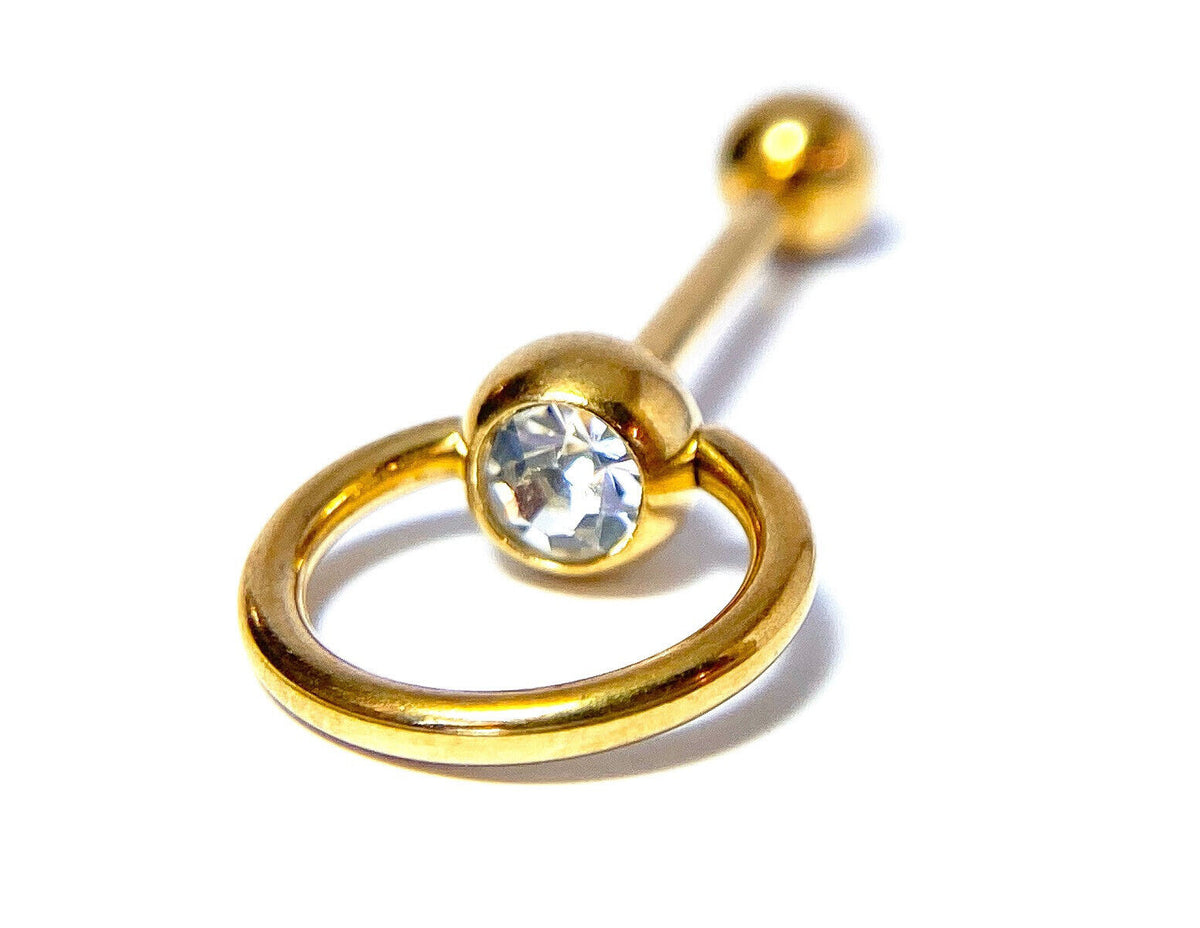 1pc Clear Gem w/ Slave Ring Tongue Ring IP Steel Barbell Door Knocker Tounge (Color: Gold)
