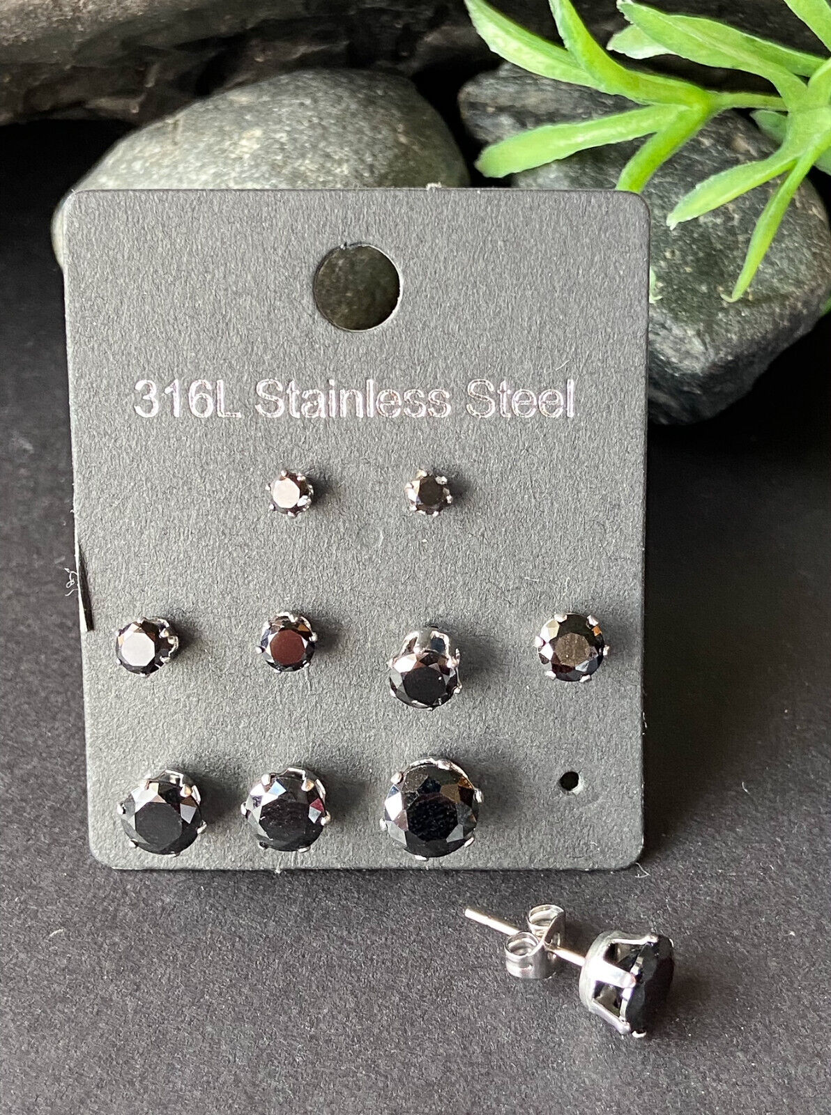 5 PAIR CZ Gem Stud Earrings 316L Stainless Steel retail / display peggable card (Color: Steel/Black)