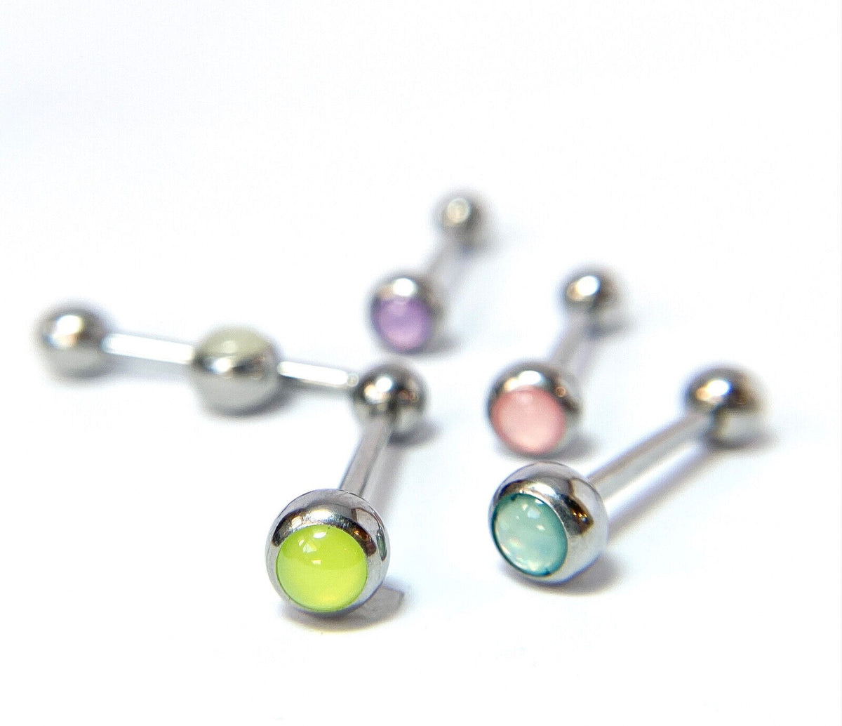 5pc Value Pack Illuminating Stone Tongue Rings 14g Steel Tounge Body Jewelry