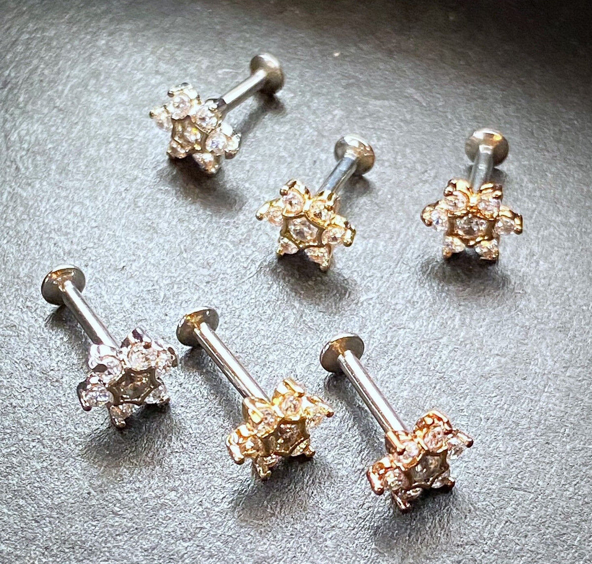 1pc CZ Gem Set Star 16g Internally Threaded 1/4" or 5/16" Steel Labret Monroe