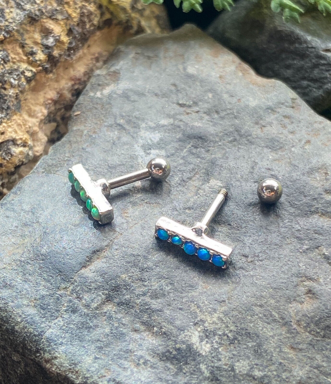 1pc Five Opal Set 2mm x 10mm Bar Tragus Helix Cartilage Ring Barbell 16g 1/4"