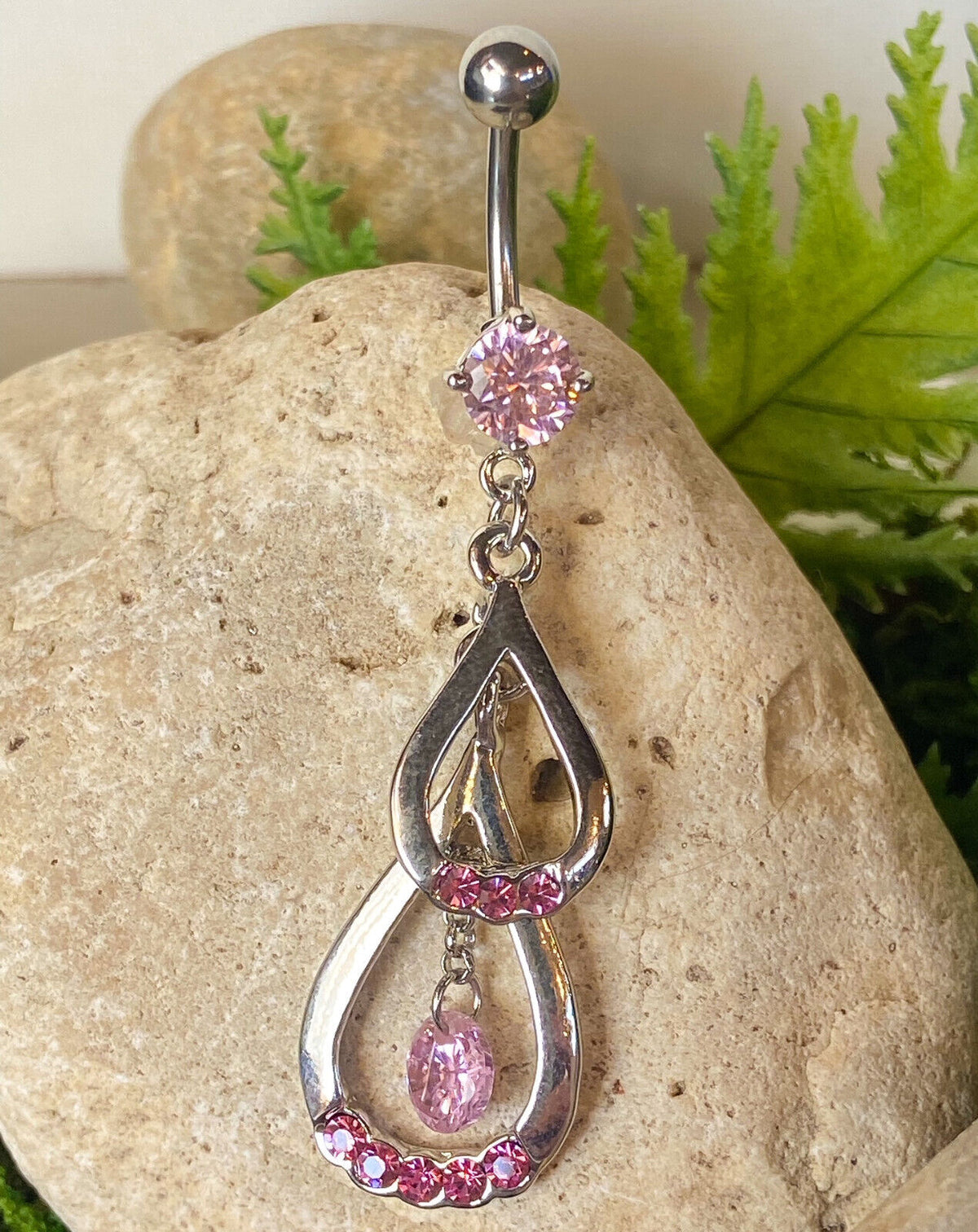 Double Teardrop CZ Gem Belly Ring Navel Naval Clear, Pink, Purple (Color: Pink)