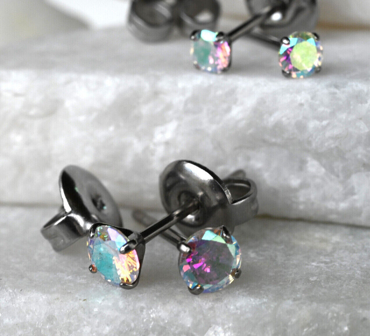PAIR Martini Set CZ Gem Stud Earrings 6AL-4VELI ASTM F136 Implant Grade Titanium (Color: Aurora Borealis)