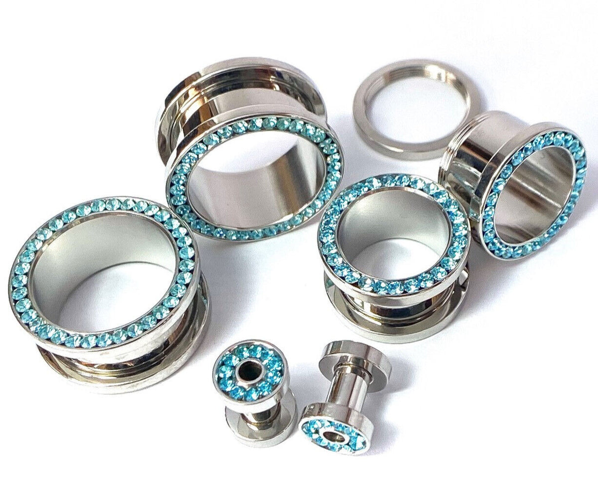 PAIR Aqua CZ Gem Rimmed 316L Surgical Steel Screw Fit Tunnel Plug Gauges