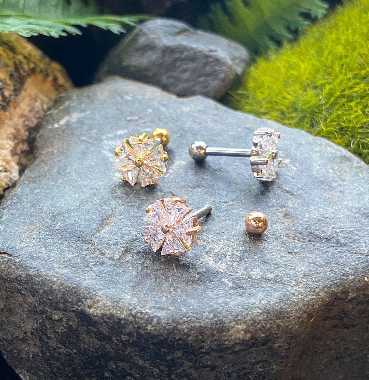 1pc Five CZ Gem Triangle Flower Steel Tragus Cartilage Barbell Ring 16g 1/4"