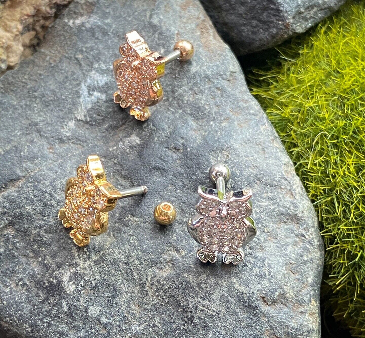 1pc CZ Gem Paved Owl Surgical Steel Tragus Cartilage Barbell Ring 16g 1/4"
