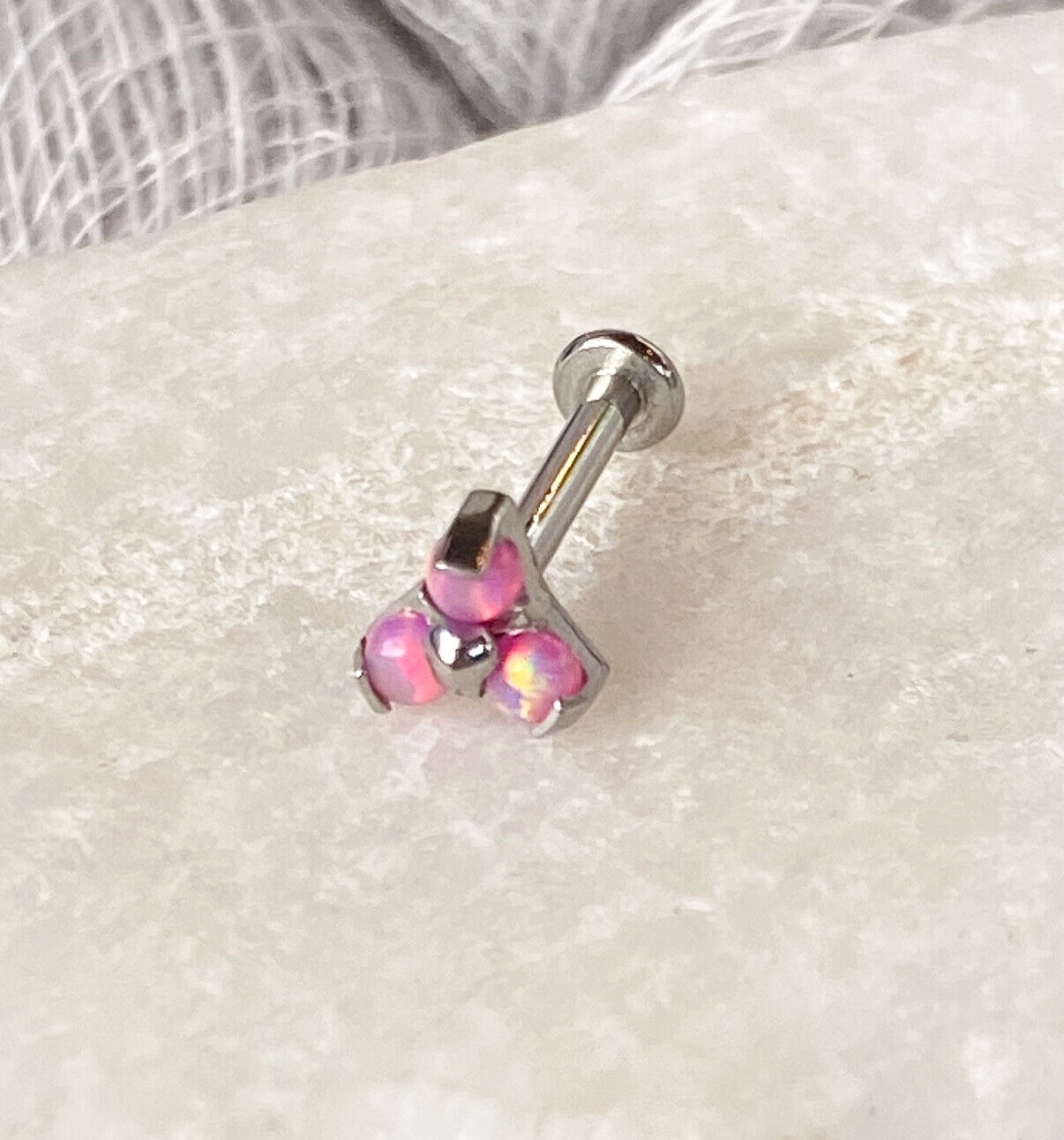 1pc Opal Triangle 16g 8mm Labret Steel Monroe Stud Lip Ring Helix Ear Cartilage (Color: Pink)