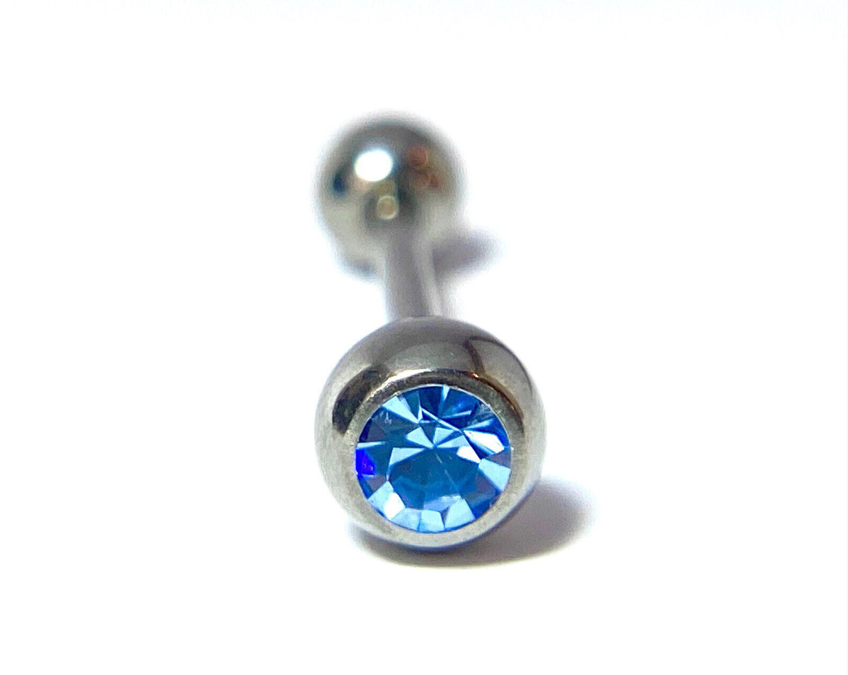 1pc Solid Grade 23 Titanium Barbell 14g, 5/8" (16mm) Tongue Tounge Ring w/Gem (Color: Light Blue)