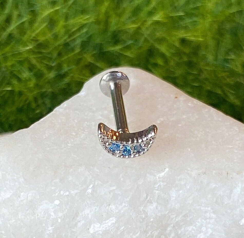 1pc CZ Crescent Moon 16g Internally Threaded 1/4" or 5/16" Steel Labret Monroe (Color: Blue)
