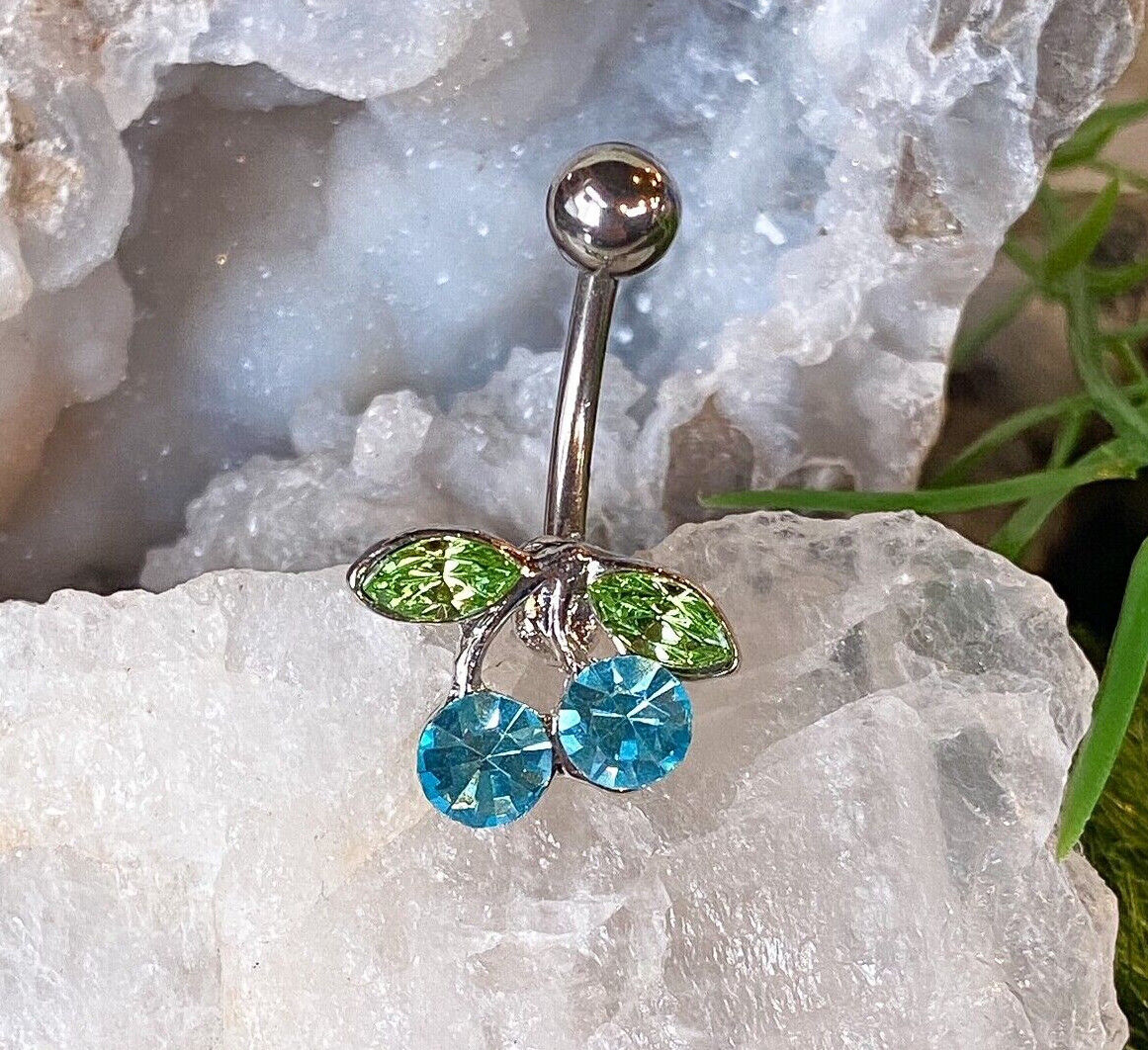 1pc Cherry CZ Gem Belly Ring Navel Piercing Pierced Naval Cherries Body Jewelry (Color: Aqua)