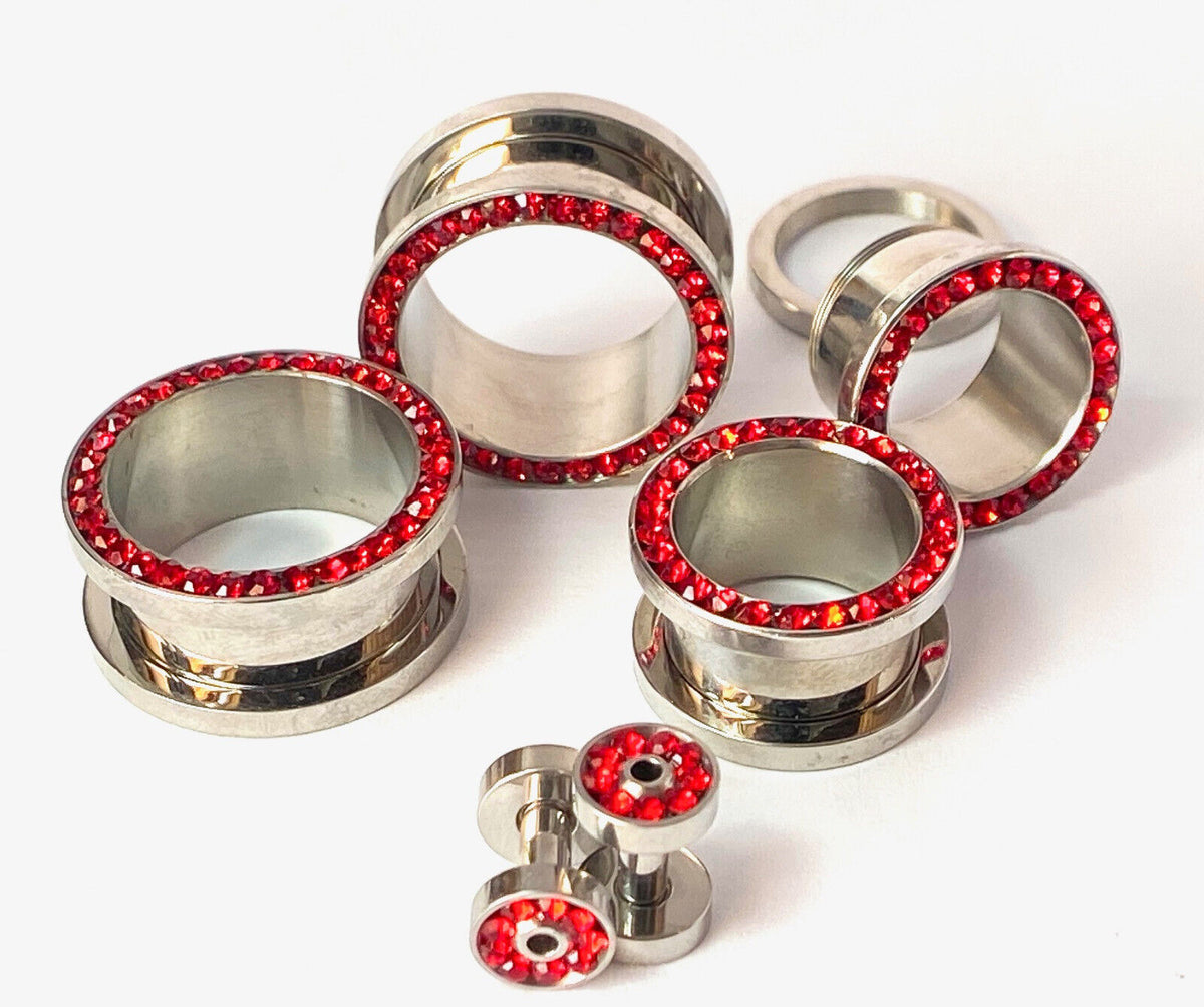 PAIR Red CZ Gem Rimmed 316L Surgical Steel Screw Fit Tunnels Plugs Gauges