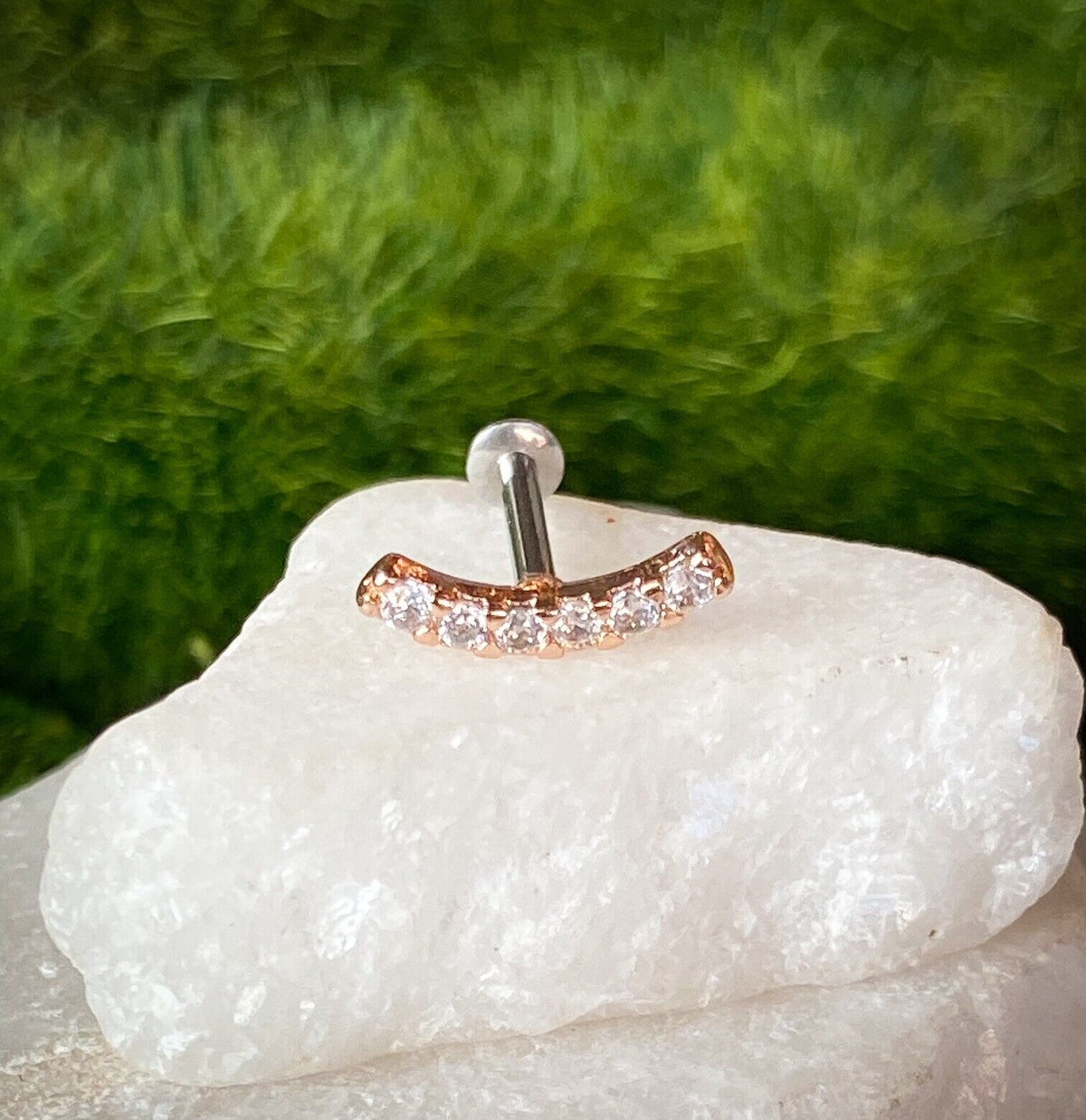 1pc Lined CZ Gem Curve 16g Internally Threaded 1/4" or 5/16" Steel Labret Monroe (Color: Rose Gold)
