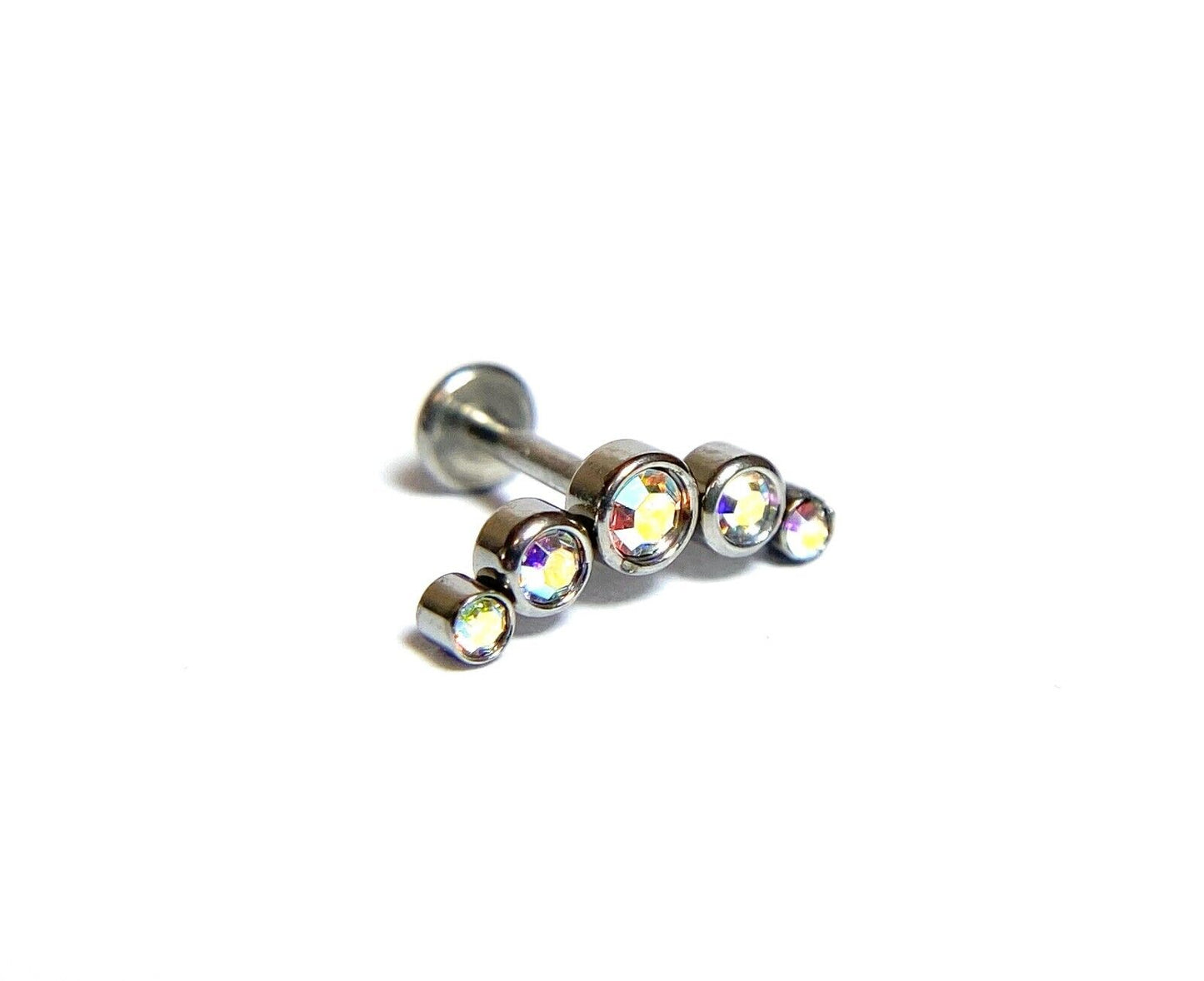 1pc Five CZ Gem Curve 16g Labret Internally Threaded Steel Monroe Tragus Helix (Color: Aurora Borealis)