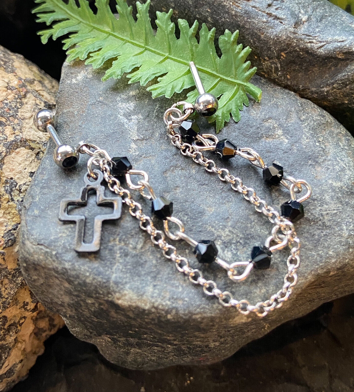 Steel Double Chain Linked Beaded Cross Ring with Cartilage Tragus Helix Barbell