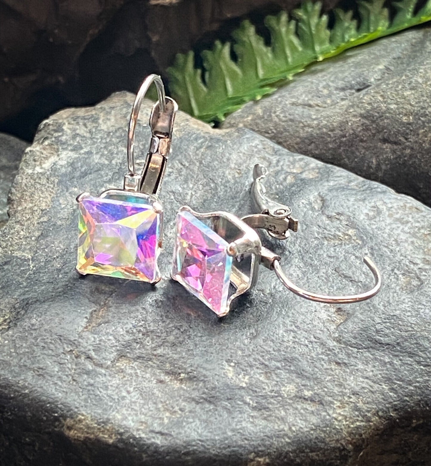 PAIR of Square CZ Gem Earrings w/ Lever Back 20g 316L Stainless Steel (Color: Aurora Borealis)