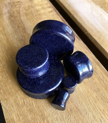 PAIR Blue Midnight Goldstone Stone Plugs Sandstone Gauges - up to 38mm available