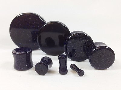 PAIR Blue Midnight Goldstone Stone Plugs Sandstone Gauges - up to 38mm available