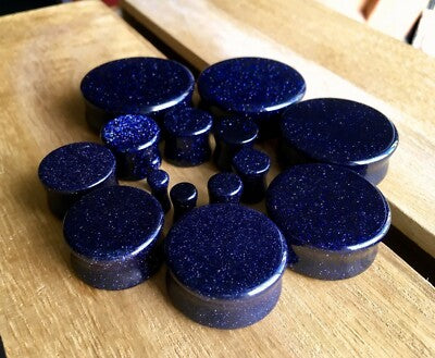 PAIR Blue Midnight Goldstone Stone Plugs Sandstone Gauges - up to 38mm available
