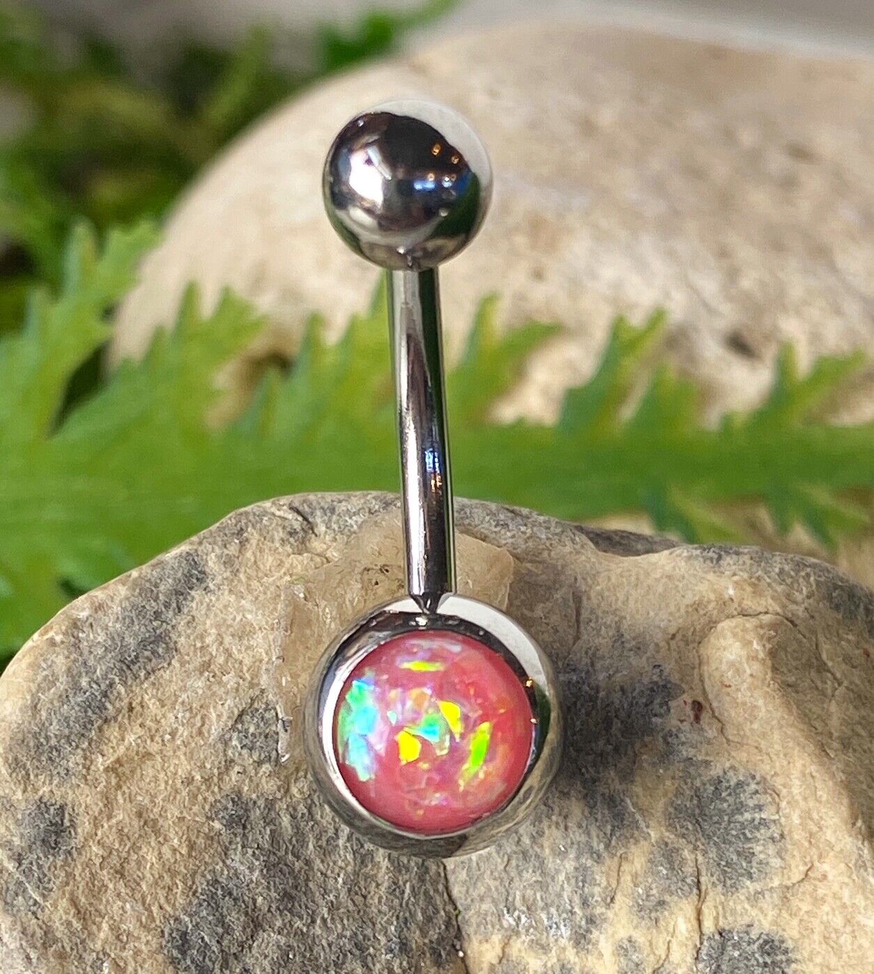 Solitaire Opal Glitter Gem Belly Ring 316L Surgical Steel Navel Naval