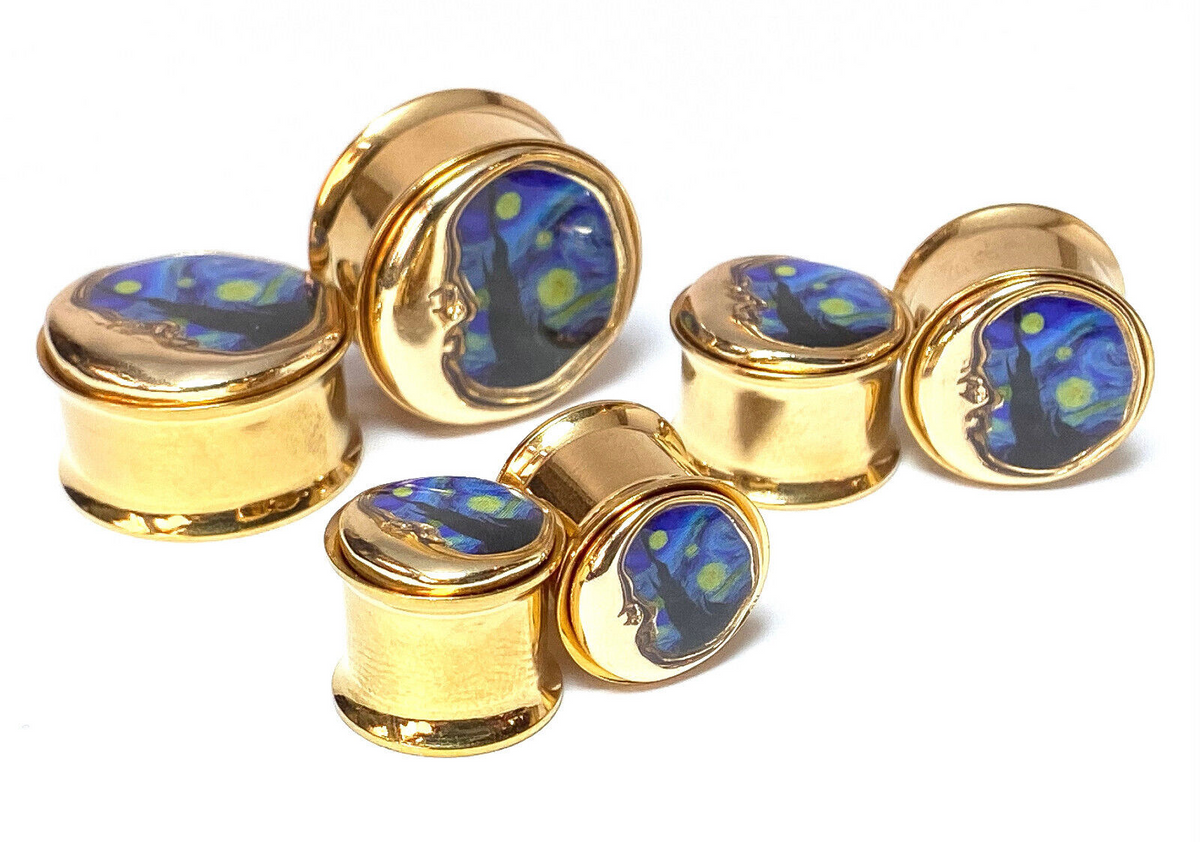 PAIR Starry Night w/ Moon Gold PVD Double Flare Tunnels Ear Plug Gauges Jewelry