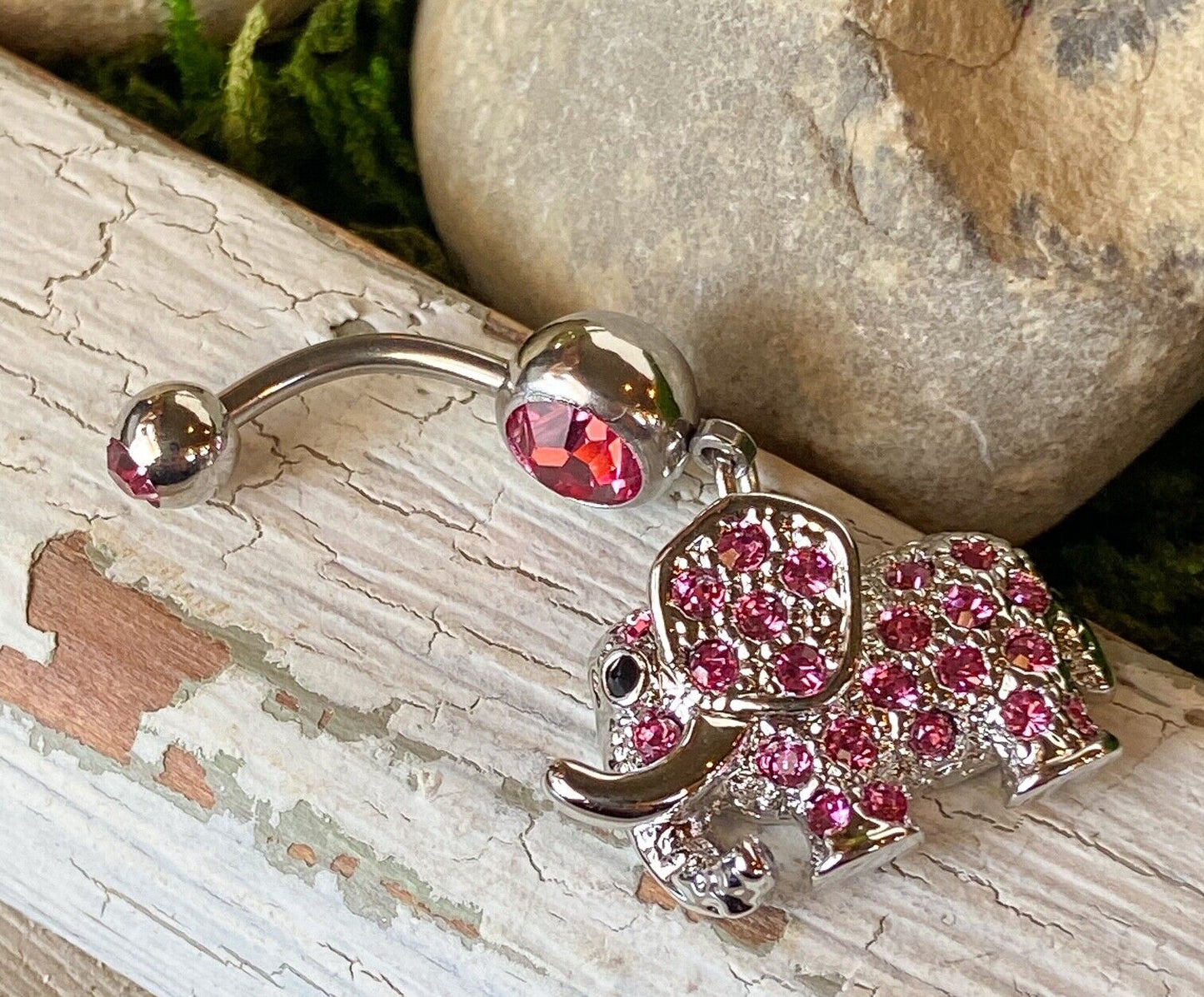 Elephant Dangle Belly Ring Paved CZ Gems Pierced Navel Naval Tusk 14g