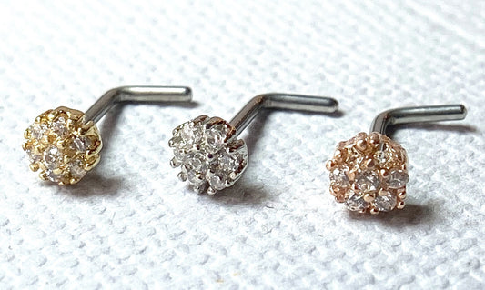 1pc CZ Gem Cluster Flower L-Bend 20g Nose Ring Stud Screw 316L Surgical Steel