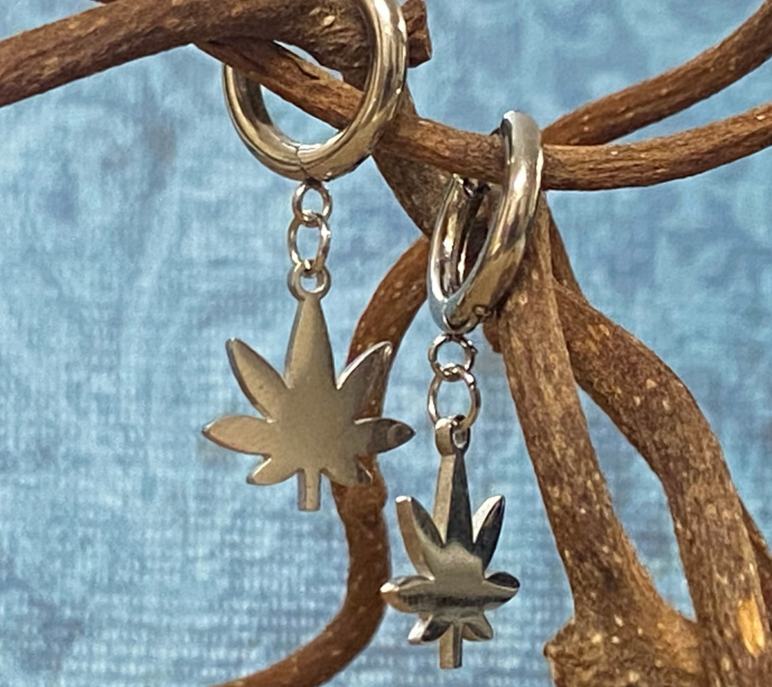PAIR of Pot Leaf Dangle Hinged Hoop Earrings Huggies 18g 316L Stainless Steel