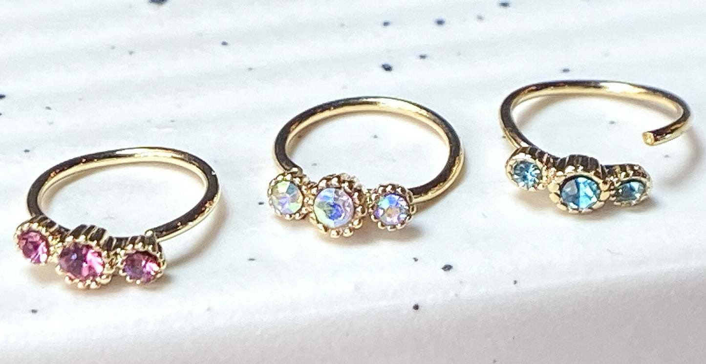 1pc Yellow Gold Three CZ Gem Hoop Nose / Cartilage Ring Rook Daith Helix Tragus