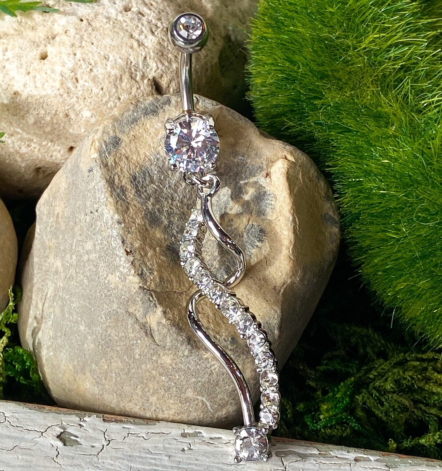 Spiral Dangle Paved CZ Gem Belly Ring Navel Naval Clear, Pink, Aqua, Purple