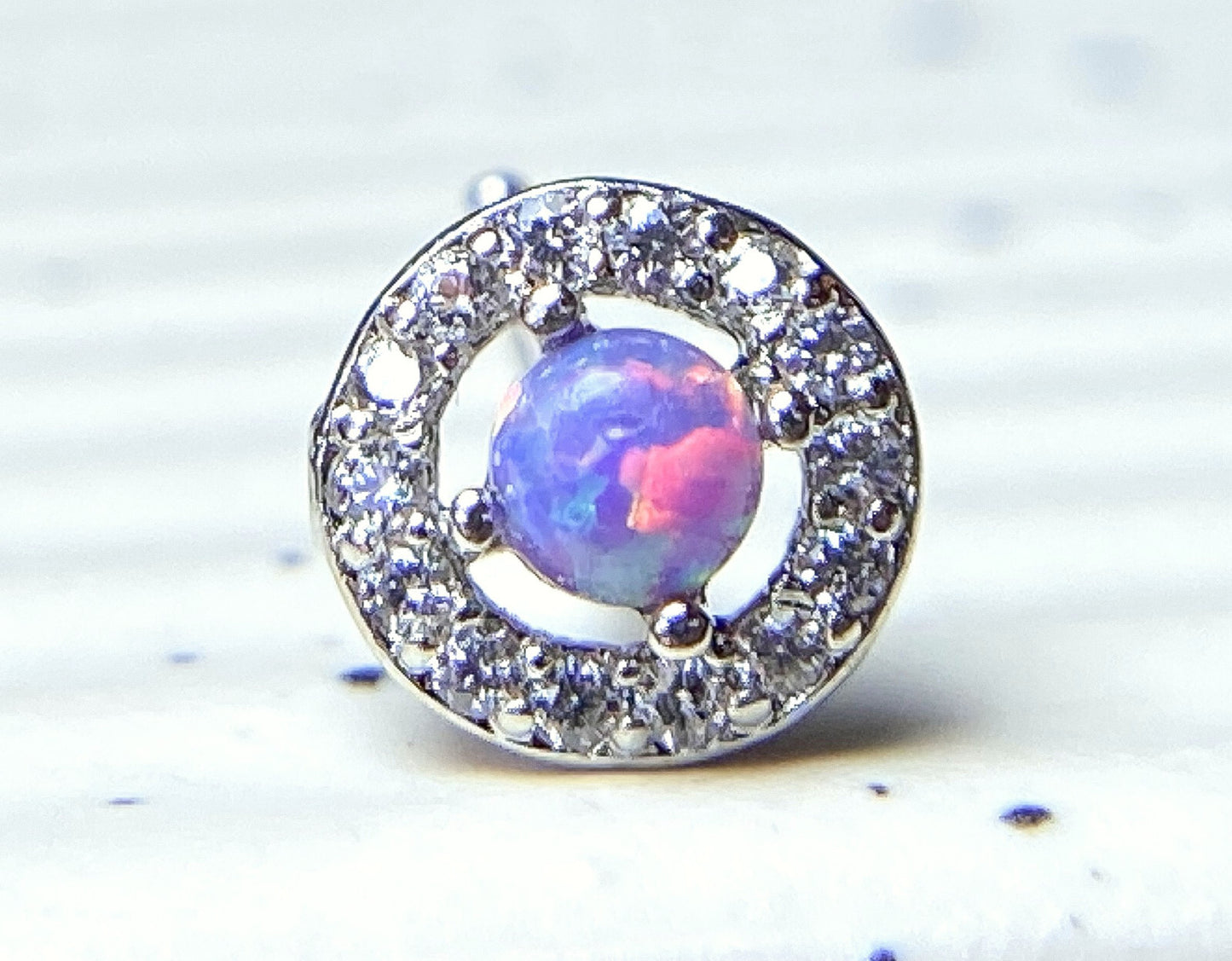 1pc CZ Gem Circle w/ Opal Dome Center L-Bend 20g Nose Stud Screw Ring
