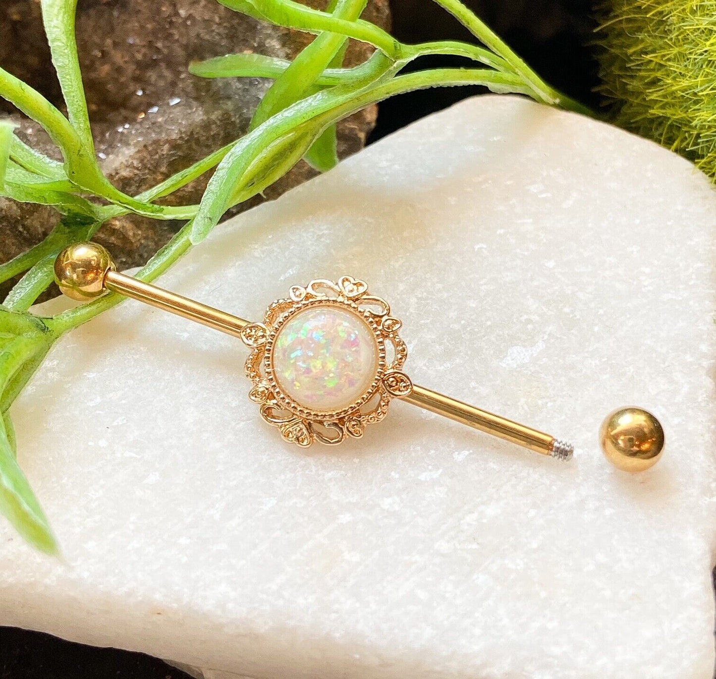 1pc Opal Glitter Lacey Filigree Edge Industrial Barbell - choose Steel or Gold