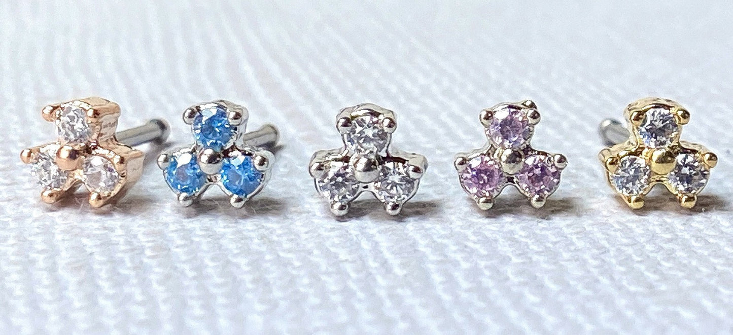 1pc Three CZ Gem Trinity Top 20g Nose Ring Stud Triangle 316L Surgical Steel