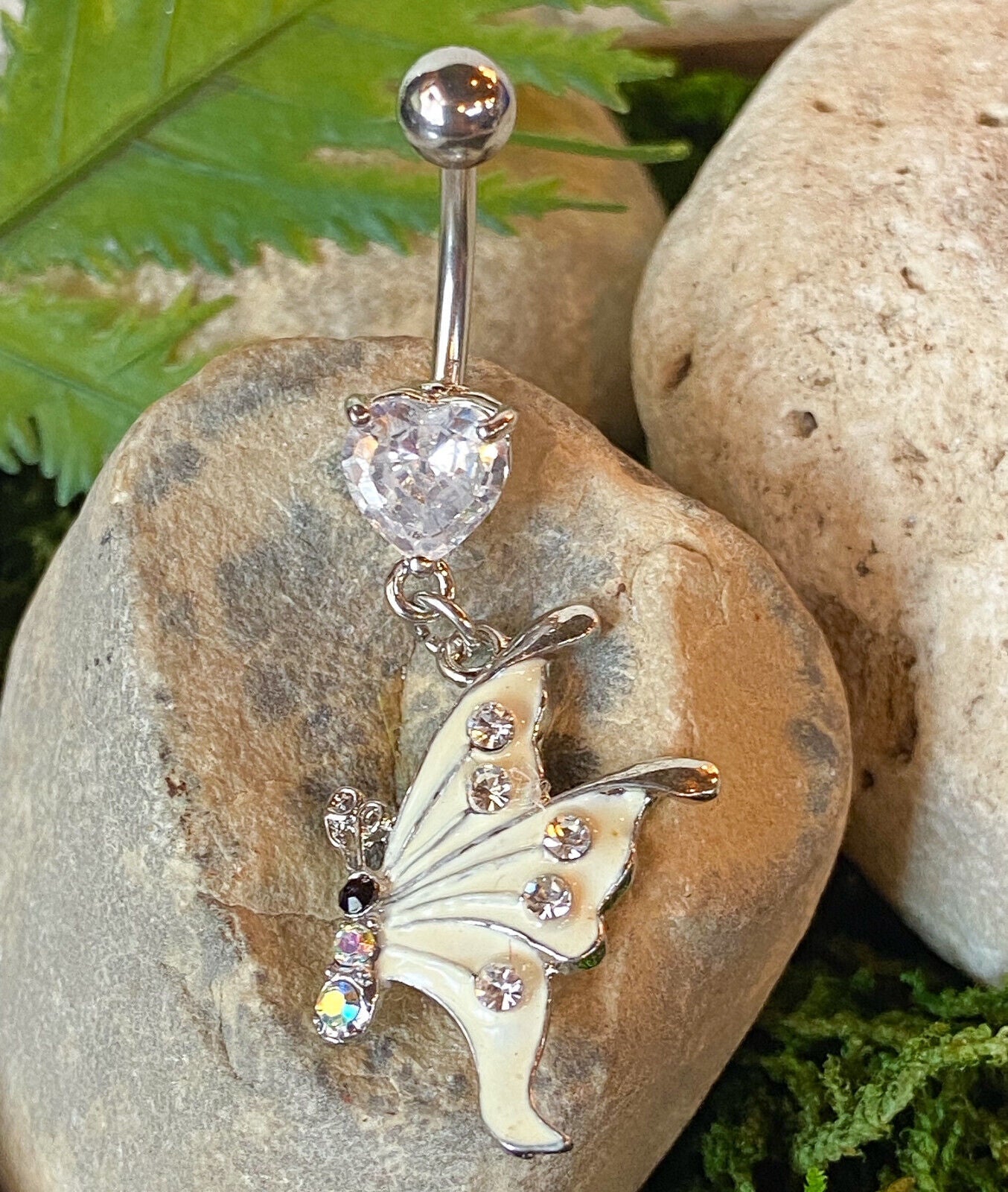 Butterfly Epoxy CZ Gem Belly Ring Navel Naval Clear/White, Pink, Aqua