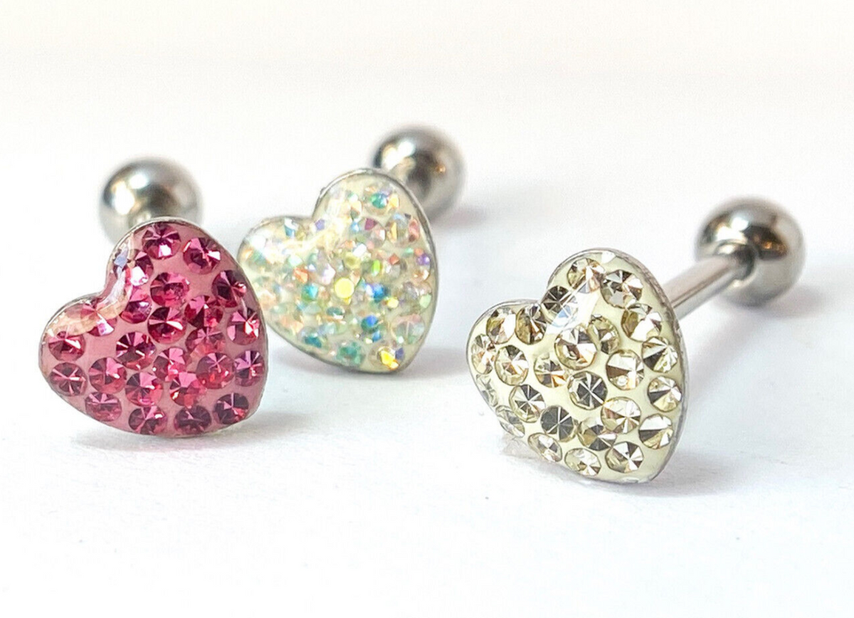 1pc Epoxy Coated Heart Paved Crystals Tongue Tounge Ring Barbell Body Jewelry