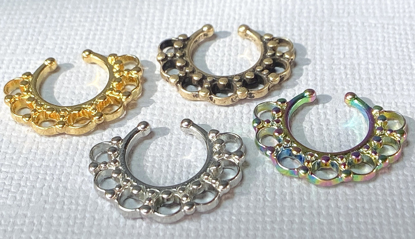 1pc 100% SURGICAL STEEL Non-Piercing Fake Septum Hanger Tribal Fan Clip-on