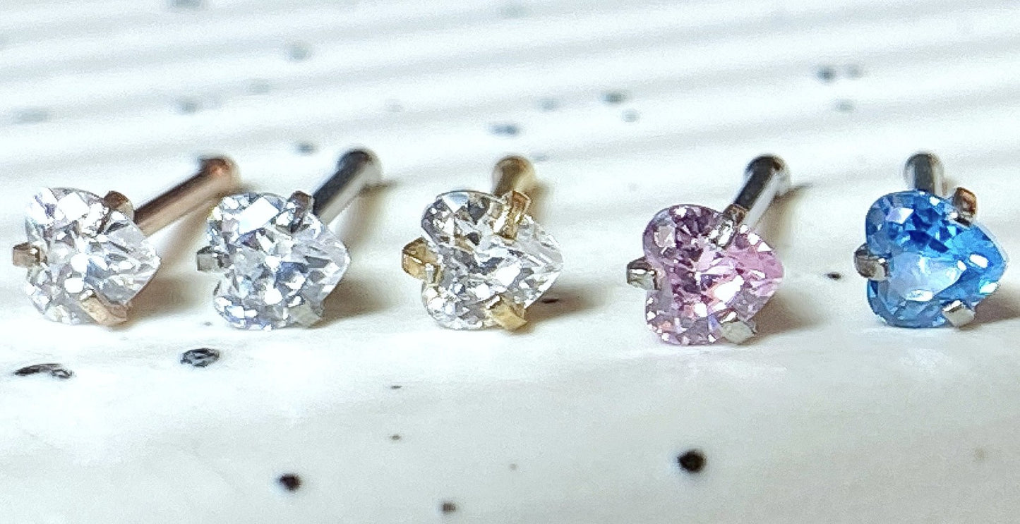 5pcs Prong Set Heart Gem Nose Ring Studs Bones 316L Surgical Steel Body Jewelry