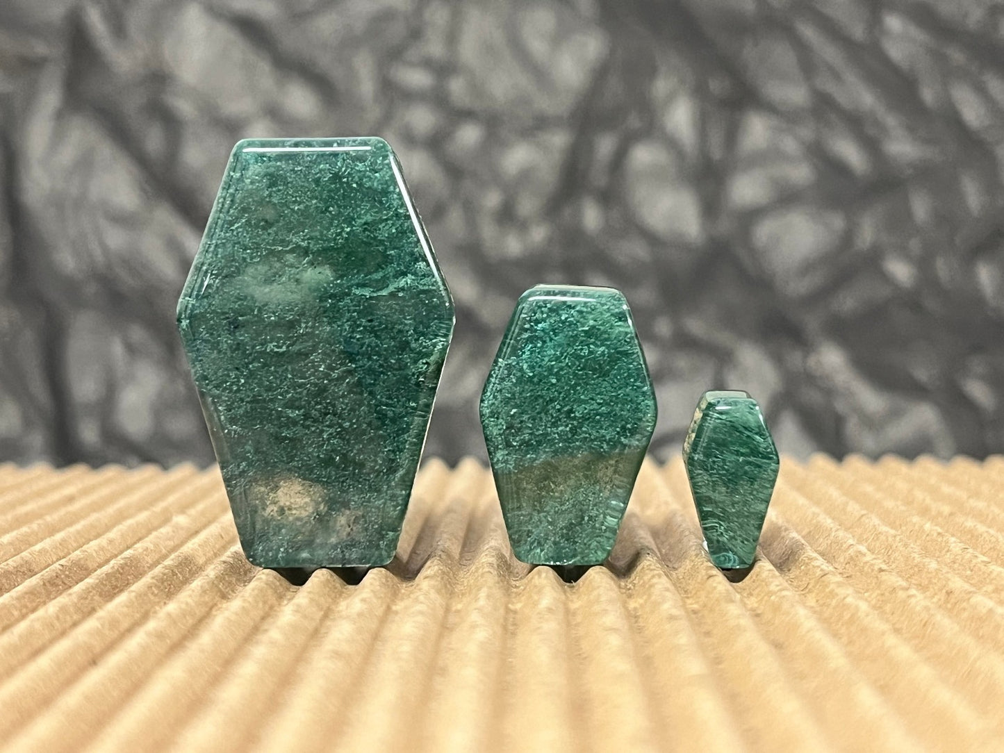 PAIR Mossy Glass Stone Double Flare Coffin Shaped Plugs Gauges Body Jewelry