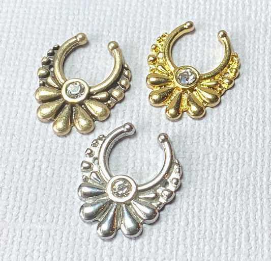 1pc 100% SURGICAL STEEL Non-Piercing Fake Septum Hanger Flower w/ Gem Clip-on
