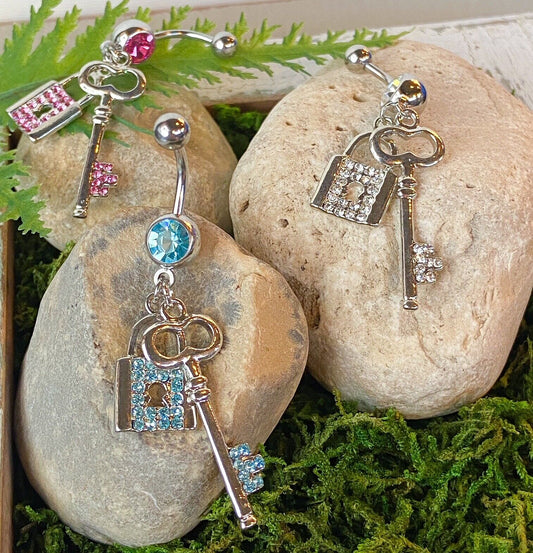Paved Lock & Key CZ Gem Belly Ring Navel Naval Clear, Pink, Aqua