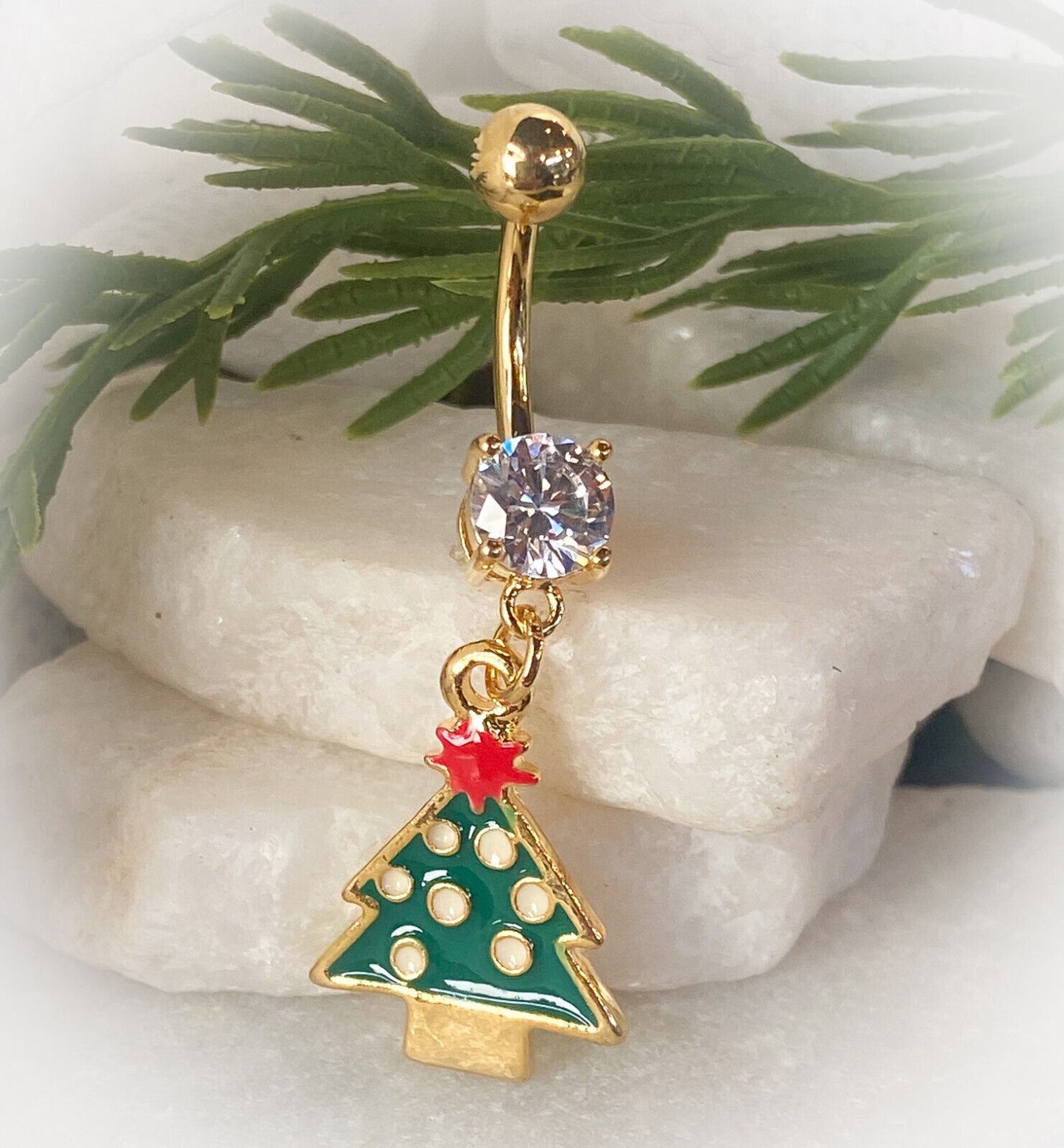 Christmas Dangle Belly Ring Pierced Navel Holiday Surgical Steel 14k Gold IP