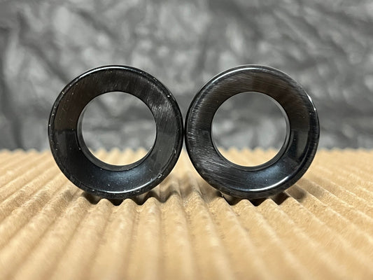 PAIR  Black Cat Eye Stone Double Flare Tunnels Plugs Earlets Gauges Body Jewelry